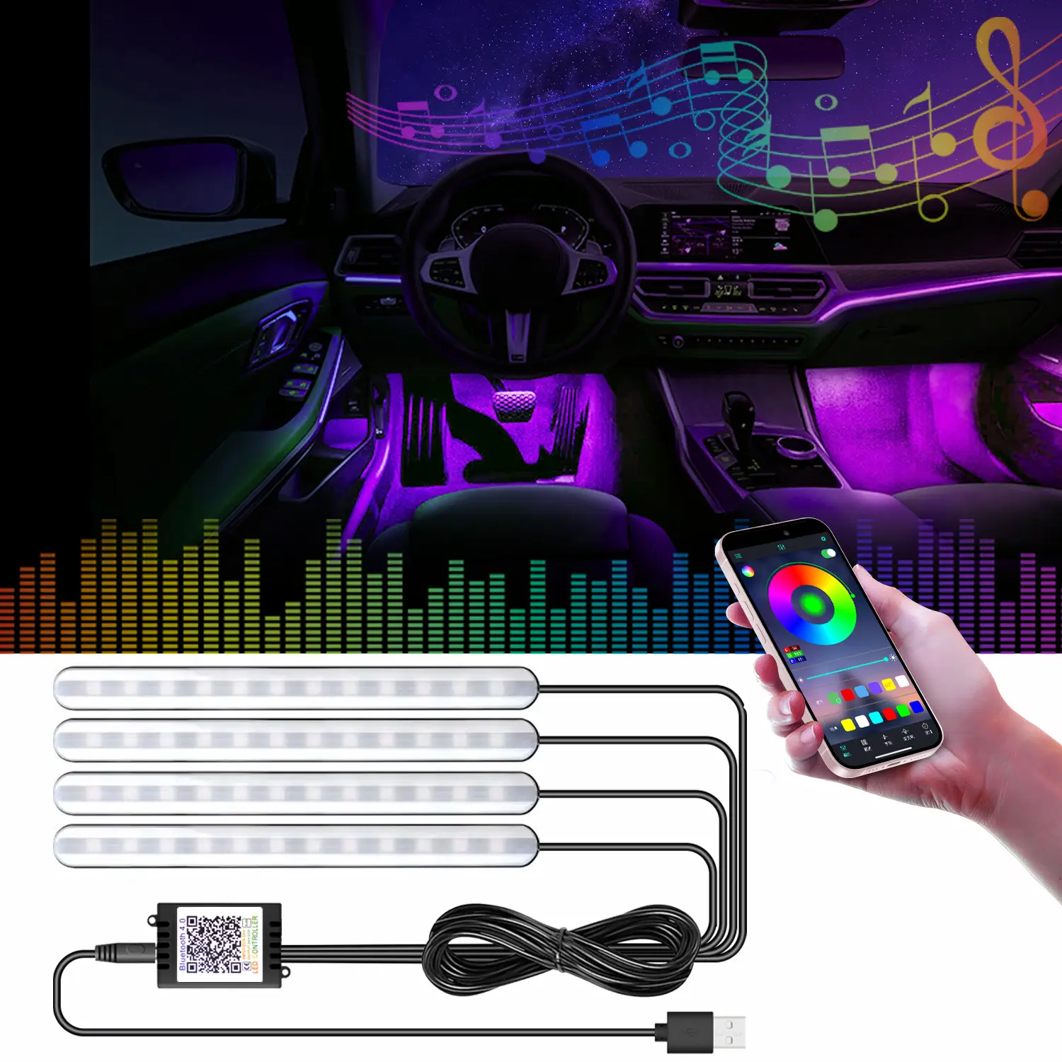 Car Footwell Lights RGB Underdash Footwell Lights with APP Control & Music Sync, 16 Million Colors DIY Mode, USB 5V thumbnail 1