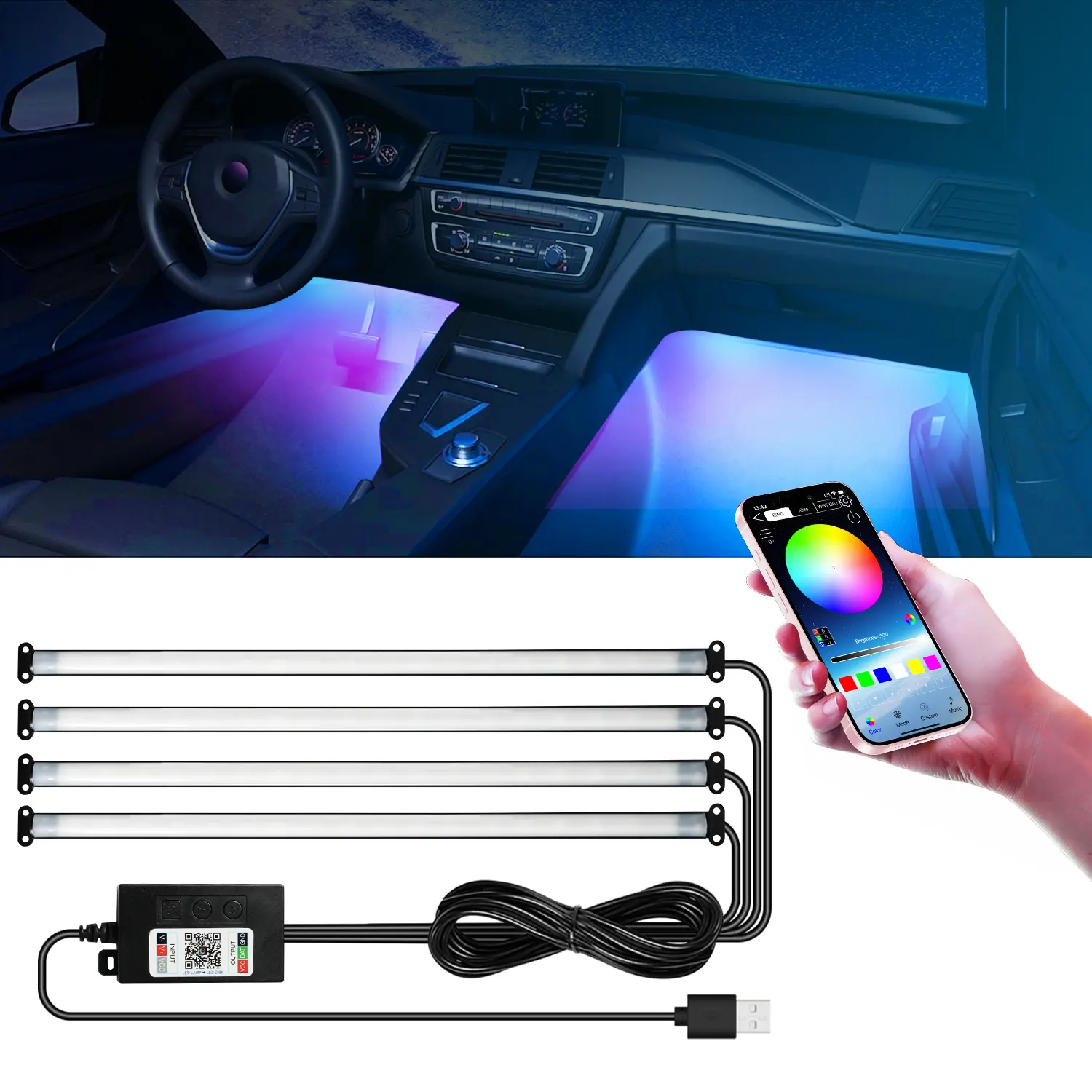 RGBIC Car Footwell Lights Interior Ambient Lights Multicolor Atmosphere Lights APP Control Music Sync DIY Mode USB 5V thumbnail 1
